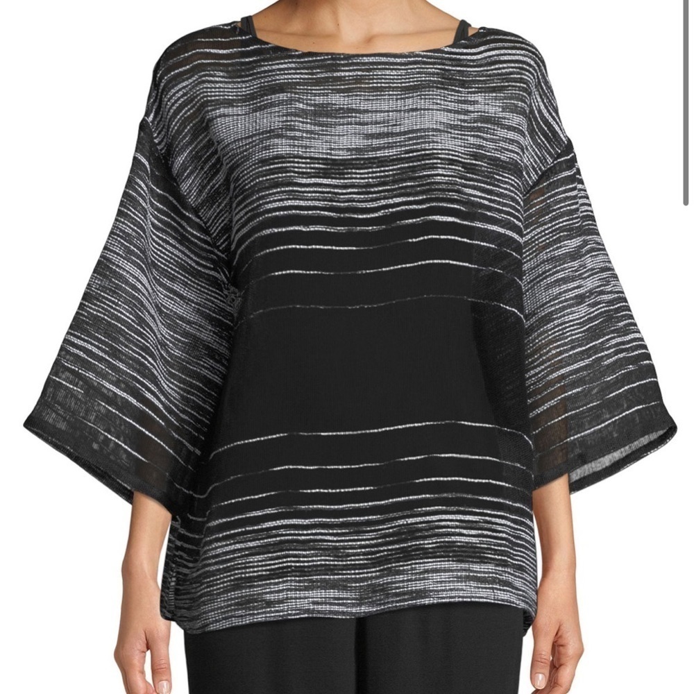Eileen Fisher Black & White Illusion Mesh Top Organic Linen